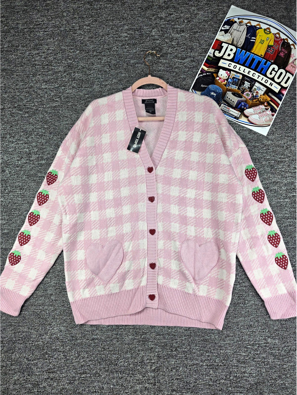 Sweet Society Women's Knit Cardigan Sweater V-Neck Check Pink White Strawberry L